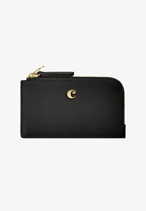 Sort tekstureret læderpung med lynlås og en guldfarvet lynlås samt lille rundt guldfarvet logo i midten.