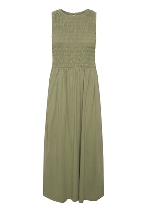 Olivengrünes ärmelloses Kleid mit gefälteltem Oberteil und fließendem Rock. Weicher Stoff, knielanges Design und runder Ausschnitt.