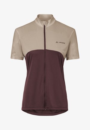 Maillot de cyclisme à manches courtes avec le haut beige et le bas brun foncé, fermeture éclair à l'avant et logo Vaude sur la poitrine gauche.