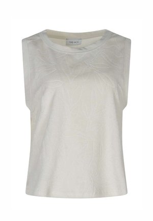 Débardeur blanc sans manches avec un motif floral subtil et un col rond, fabriqué en tissu léger.