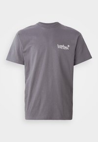 Grijze katoen t-shirt met een ronde hals en korte mouwen, met het witte "Witopia" logo gedrukt op de linkerkant van de borst.