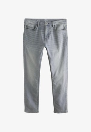 Graue Denim-Jeans im Slim-Fit, mit fünf Taschen und dezentem Verblassen. Hergestellt aus komfortablem Stretchmaterial für Flexibilität.