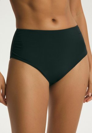 Žena nosiaca čierne bikiny s vysokým pásom a nariasenými stranami, zobrazená od pása po stred stehna na jednolennom pozadí.