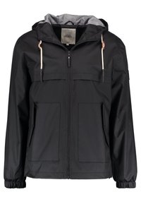 Zwarte waterdichte jas met capuchon, twee voorzakken, elastische boorden en een contrasterende lichtgrijze voering. Koordjes voor verstelbare pasvorm.