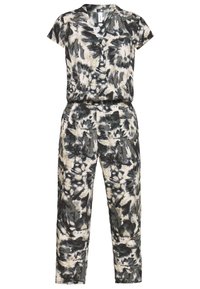 Jumpsuit con maniche corte in un motivo tie-dye, caratterizzato da colori nero, bianco e grigio. Tessuto leggero con una vestibilità comoda e vita elastica.