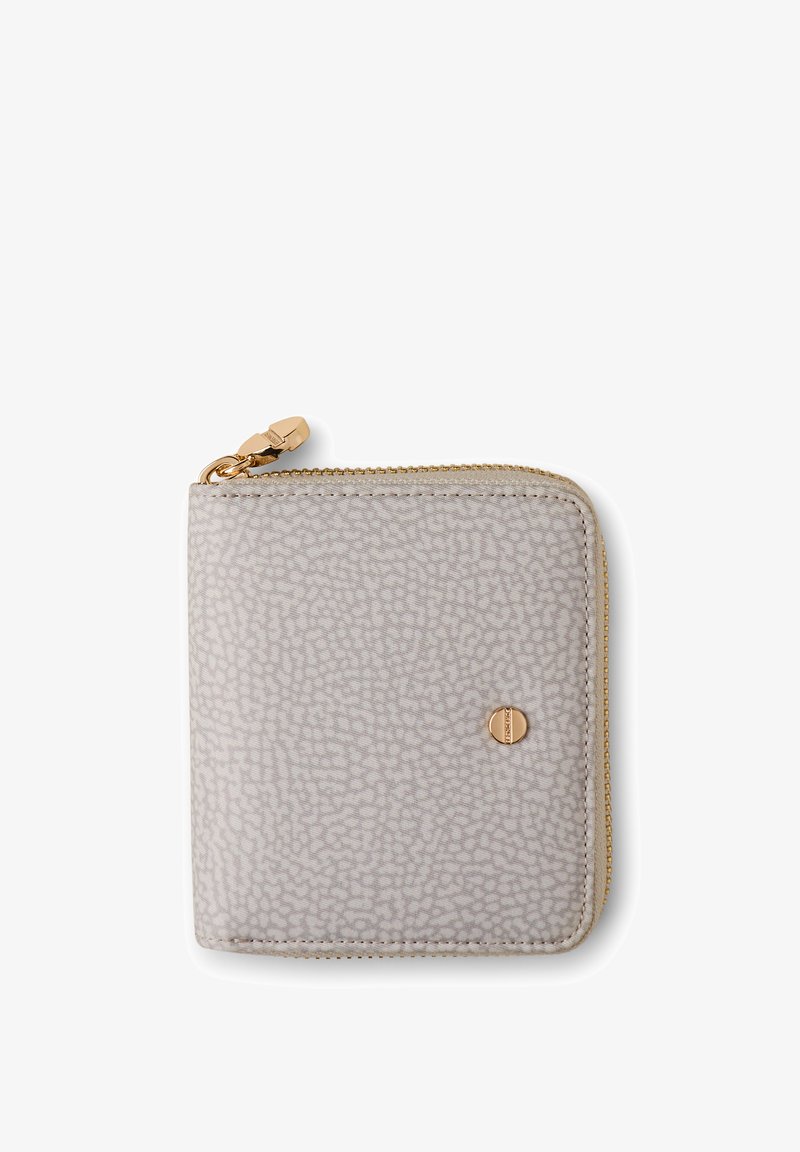 Gray textured wallet with a gold zipper, featuring a circular metal accent on the front. Compact square shape for convenience.