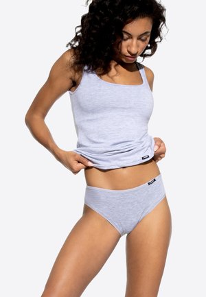 Light gray tank top and matching underwear in soft cotton. Simple design with a scoop neckline and black brand tag on both pieces.