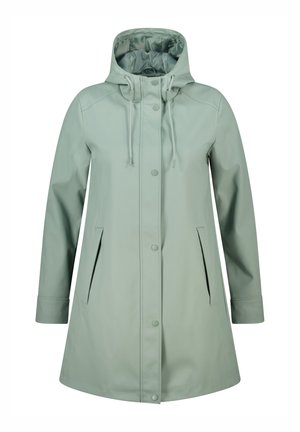 Imperméable vert clair en matériau imperméable, avec une capuche, une fermeture à boutons-pression, deux poches latérales et des cordons de serrage réglables.