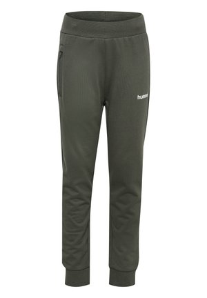 Pantalon de jogging vert olive avec taille et poignets élastiques, poche zippée sur le côté droit, et petit logo blanc "hummel" sur la cuisse gauche.