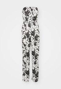 Un mono floral en blanco y negro, sin tirantes, con una cintura elástica, piernas anchas y una textura suave que presenta un patrón de hojas.