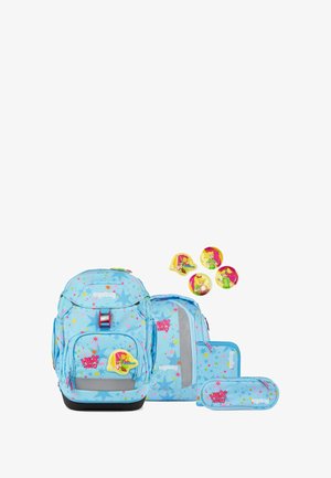 Blue backpack set featuring stars and colorful accents. Includes a main backpack, smaller backpack, pencil case, and four decorative buttons.