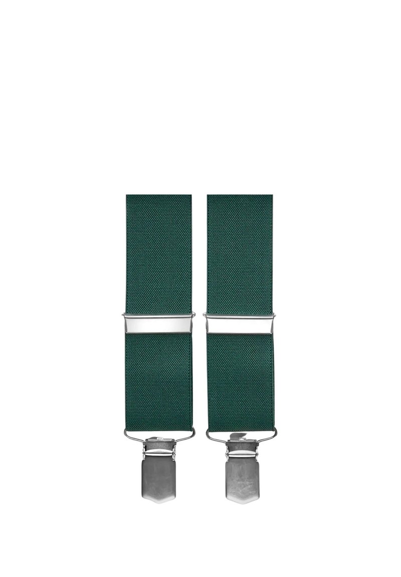 Mörkgröna elastiska hängslen med metallklämmor och silverfärgad hårdvara. Har en slät yta och en minimalistisk design.