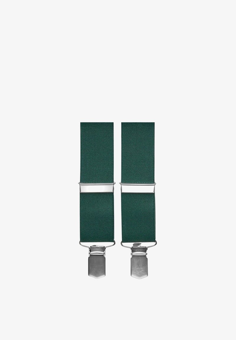 Mörkgröna elastiska hängslen med metallklämmor och silverfärgad hårdvara. Har en slät yta och en minimalistisk design.
