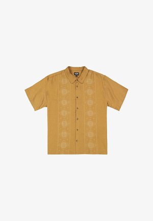 Chemise moutarde à manches courtes avec boutons, motifs brodés de soleil verticaux subtils et col classique.