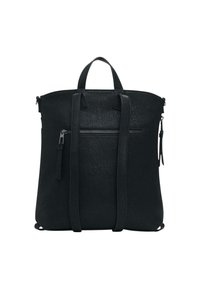 Zaino in finta pelle nera con doppie cinghie per le spalle, manico superiore per il trasporto e una tasca con zip orizzontale sul pannello posteriore.
