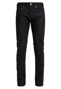 Jeans de denim negro con un corte slim, que presentan un diseño clásico de cinco bolsillos, herrajes metálicos y una textura sutil.