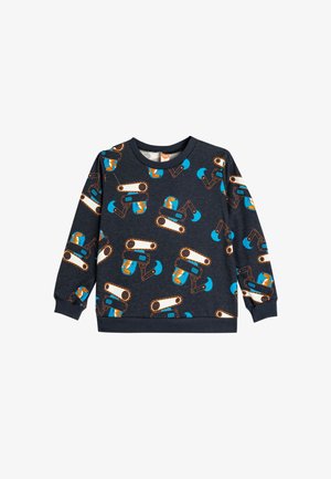 Felpa blu scuro con motivo di braccio robotico in arancione, turchese e bianco. Presenta un collo e polsini a coste. Tessuto morbido.