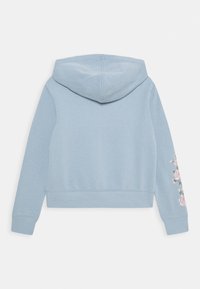 Světle modrá mikina s kapucí vyrobená z měkkého materiálu, s tkaničkou na kapuci a květinovou výšivkou na levém rukávu. Krátký design s žebrovaným lemem.