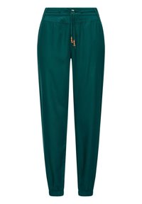 Teal joggerbyxor gjorda av ett mjukt tyg, med dragkedja i midjan, elastiska ärmslut och framfickor med sömmar.