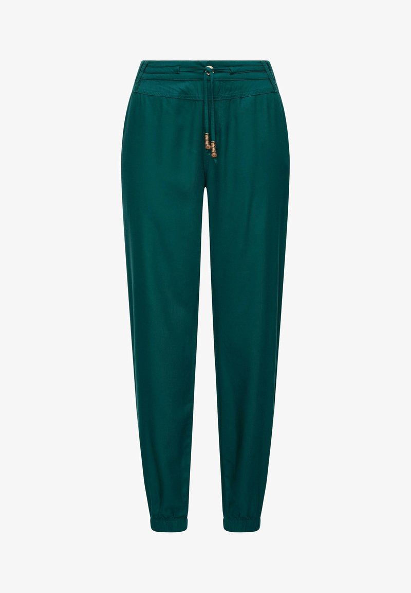 Teal joggerbyxor gjorda av ett mjukt tyg, med dragkedja i midjan, elastiska ärmslut och framfickor med sömmar.