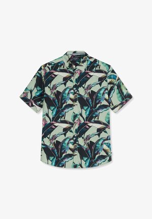 Kurzärmeliges Hemd mit Knopfleiste, grünem Grundton und großem tropischem Blättermuster in Dunkelgrün, Blau und Lila.