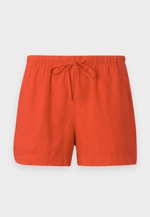 Φωτεινό πορτοκαλί casual σορτς με ελαστική μέση και δεμένο κορδόνι μπροστά, εμφανίζονται σε λευκό φόντο.