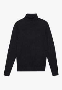 Suéter negro de cuello alto con mangas largas, hecho de un tejido de punto suave. Presenta un diseño ajustado y puños y dobladillo acanalados.