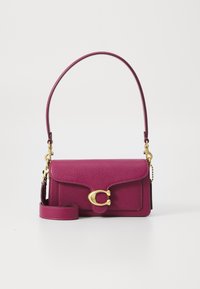 Fuchsia leather handbag with a structured design, featuring a gold-tone clasp and detachable shoulder strap. Textured surface with accent stitching.