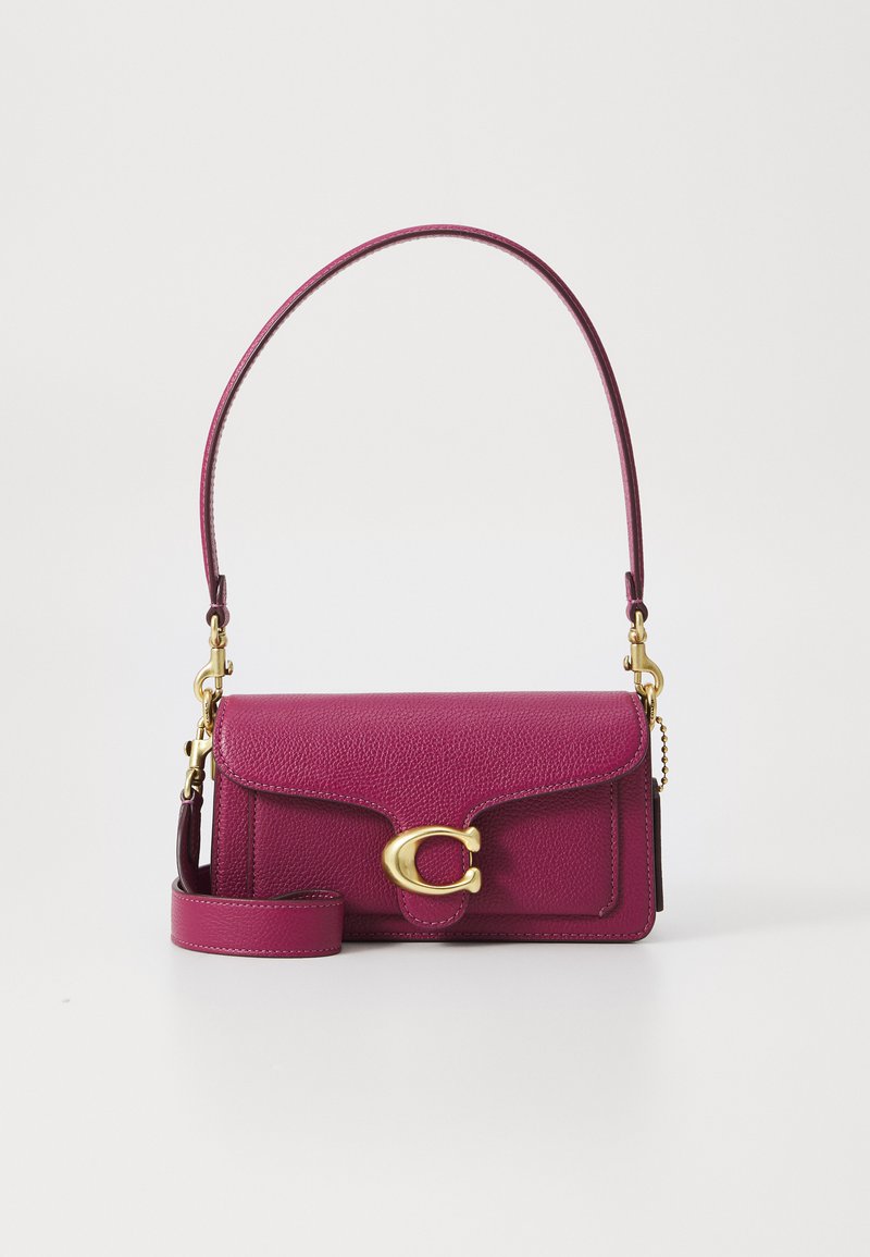 Fuchsia leather handbag with a structured design, featuring a gold-tone clasp and detachable shoulder strap. Textured surface with accent stitching.