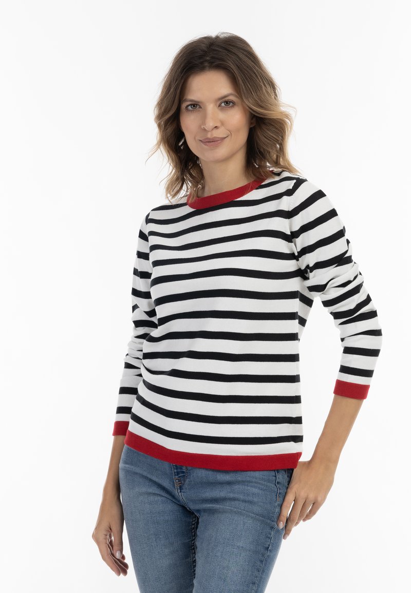Maglione a maniche lunghe a righe con strisce bianche e nere, dettagli rossi sul collo e sui polsini, realizzato in un tessuto morbido e confortevole.