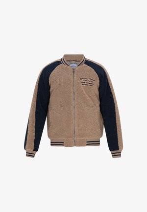 Brown and navy fleece bomber jacket with a front zipper, ribbed collar, and striped cuffs. Features embroidered text on the chest.