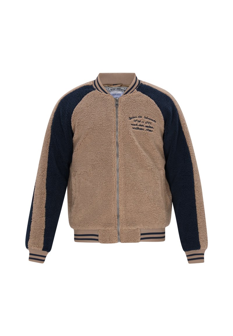 Brun og marineblå fleece bomberjakke med lynlås foran, ribbet krave og stribede manchetter. Har broderet tekst på brystet.