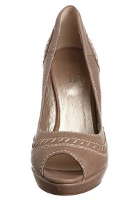 Brown leather peep-toe high heels with a smooth texture, stitched detailing along the edge, and a rounded toe design.