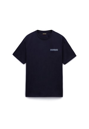 T-shirt blu navy a maniche corte con scollo rotondo e piccolo logo "Napapijri geographic" sul petto a sinistra.