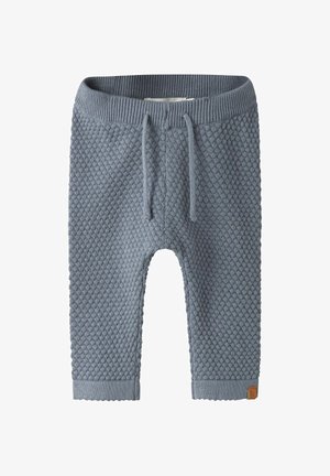 Pantalon bébé gris en maille douce avec motif nid d'abeille texturé, taille côtelée, cordon de serrage et chevilles retroussées.