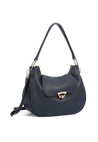 Borsa a spalla in pelle blu navy con forma arrotondata, hardware dorato e chiusura con patta anteriore. Tracolla regolabile per opzioni di trasporto versatili.
