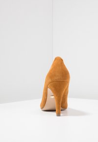 Hnědé semišové lodičky s špičatou špičkou a štíhlým podpatkem, nabízející elegantní design a hladkou texturu.