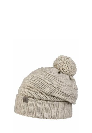 Beige knitted winter hat with a folded ribbed brim and a large pom-pom on top, featuring a small fabric brand tag.