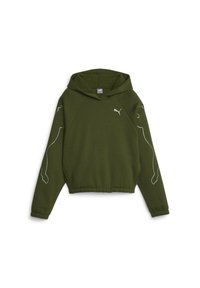 Olivengroene capuchontrui met raglanmouwen, voorzien van een lichtblauwe omtrek van een panter op elke arm en een aansluitende tailleband.