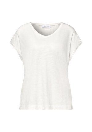 Hvid kvindelig T-shirt med korte ærmer, afslappet pasform og rund hals, vist på en ensfarvet hvid baggrund.