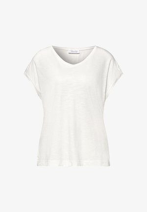 Hvid kvindelig T-shirt med korte ærmer, afslappet pasform og rund hals, vist på en ensfarvet hvid baggrund.