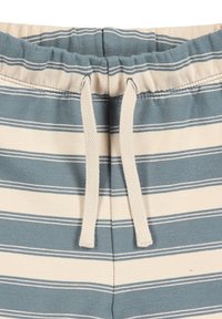 Striped pants with a light blue and beige color scheme. Soft fabric, elastic waistband, and drawstring for adjustable fit.