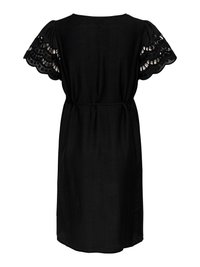Black knee-length dress with scalloped lace short sleeves and a thin belt at the waist, shown from the back on a white background.
