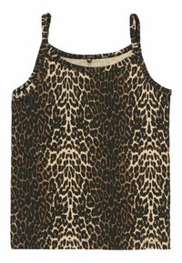 Leopardų rašto marškinėliai su plonomis petnešomis, juodos, rudos ir bežinės spalvų derinys. Minkšta, lygi medžiaga su lengvu tekstūru.