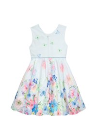 Hellblaues ärmelloses Kleid mit einem Blumenmuster in Rosa, Blau und Grün, ausgestattet mit einem Reißverschluss und einem ausgestellten Rock.