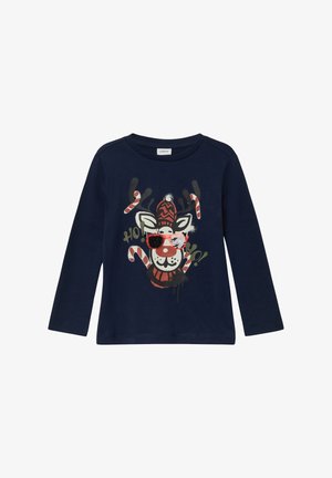 Marineblaues Longsleeve-Shirt mit einem Grafikdesign eines Rentiers in Sonnenbrille, gestreiftem Hut und Zuckerstangen, aus weichem Baumwollmaterial gefertigt.