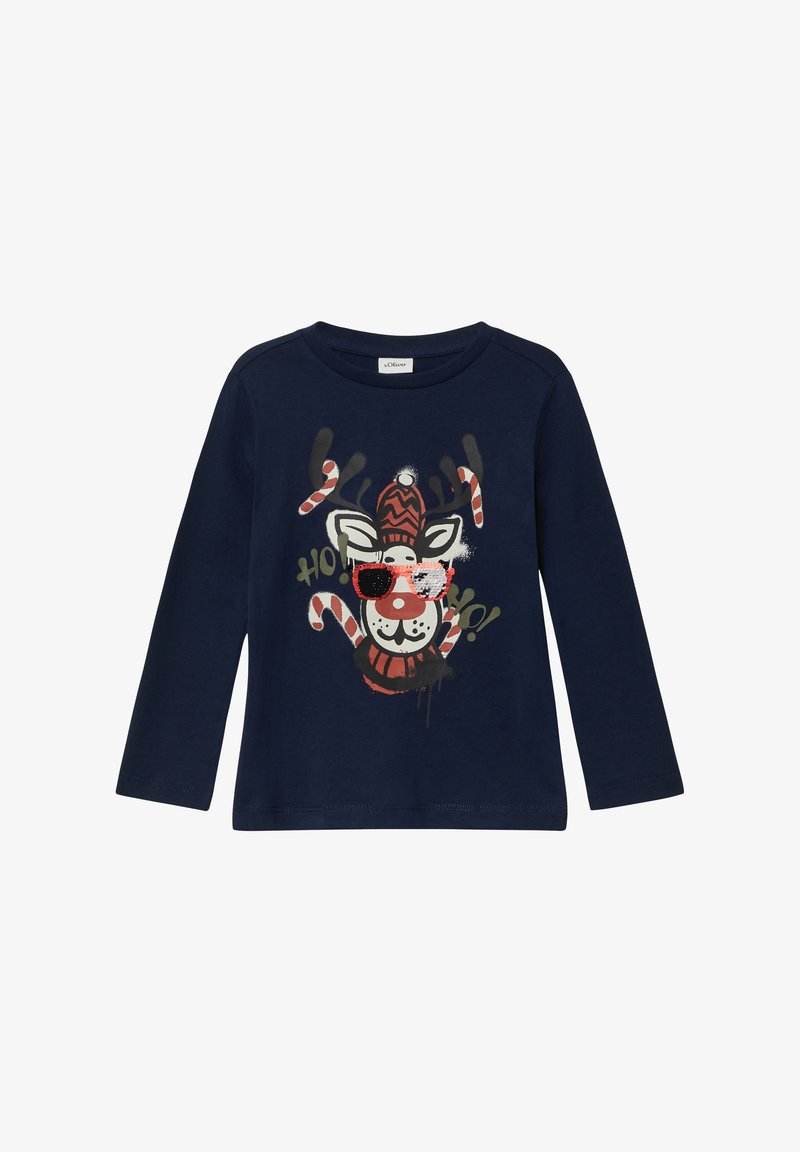 Jūras zila garas piedurknes krekls ar grafiku, kurā attēlots elks ar saulesbrillēm, svītrainu cepuri un konfekšu nūjām, izgatavots no maigas kokvilnas auduma.