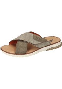 Grijze en beige slipper sandaal met een kruisbandontwerp, textuur suede bovenkant, gevoerde voetbed, en een witte rubberen zool. Bevat logo-details.