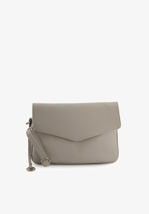 Leather clutch bag in light gray with a textured finish, featuring a flap closure and a detachable wrist strap. Minimalist design.