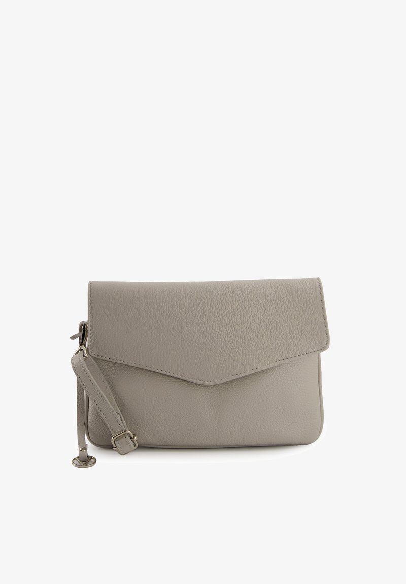 Leather clutch bag in light gray with a textured finish, featuring a flap closure and a detachable wrist strap. Minimalist design.